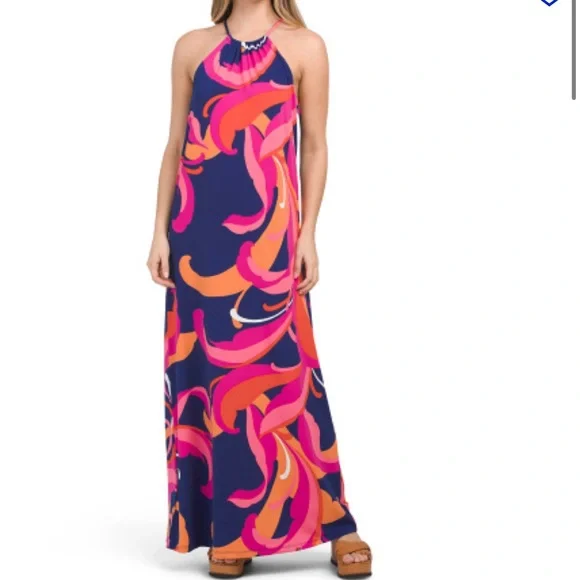NWT Trina Turk Floral Scroll Halter Maxi Dress Size L - Picture 1 of 10